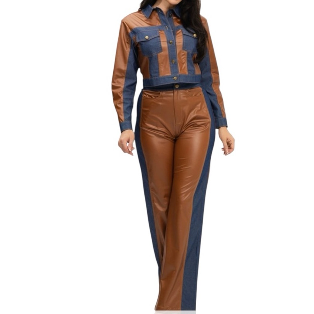 📦Julia by Love J Denim Contrast & PU Jacket & Pants SET in Cognac